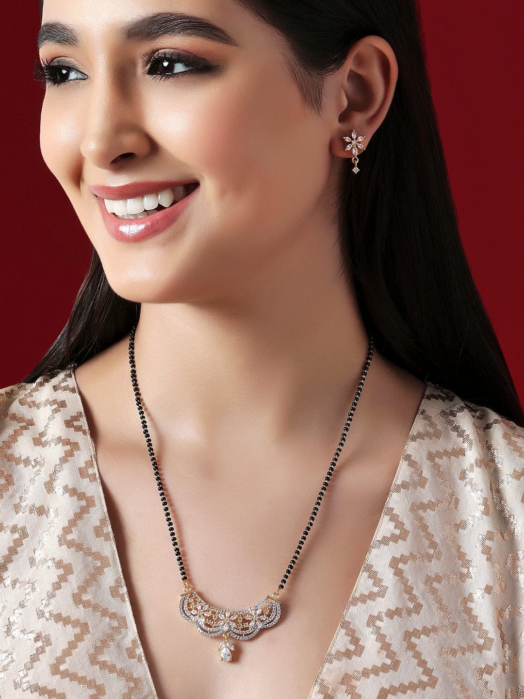 American Diamond Zirconia Mangalsutra With Floral Earrings Gold