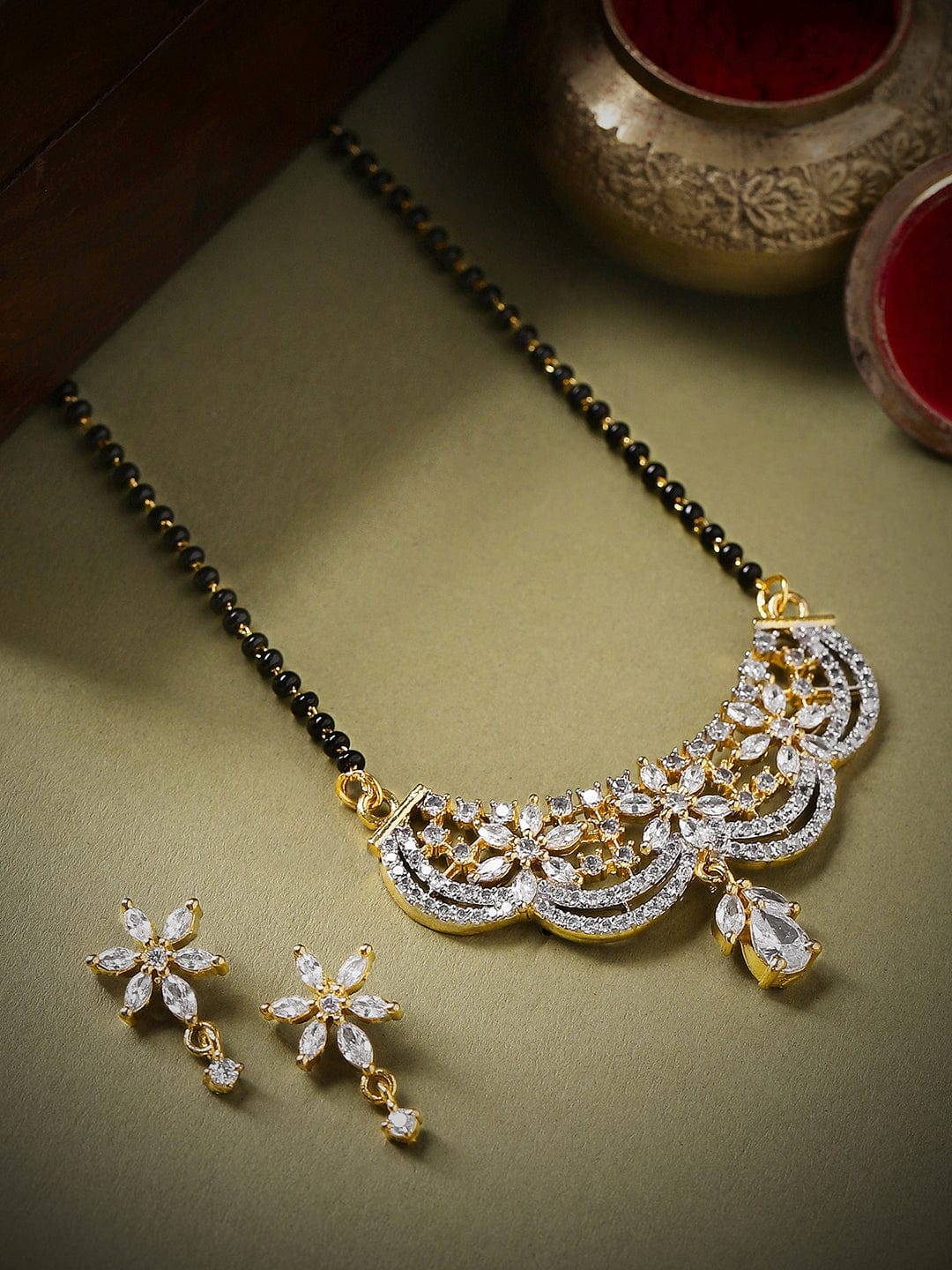 American Diamond Zirconia Mangalsutra With Floral Earrings Gold