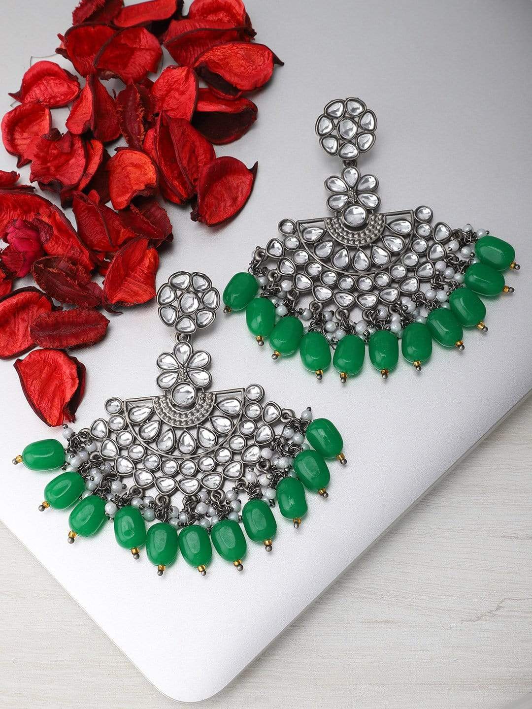 Rubans Black Metal Kundan  Statement Chandbali Earrings Green