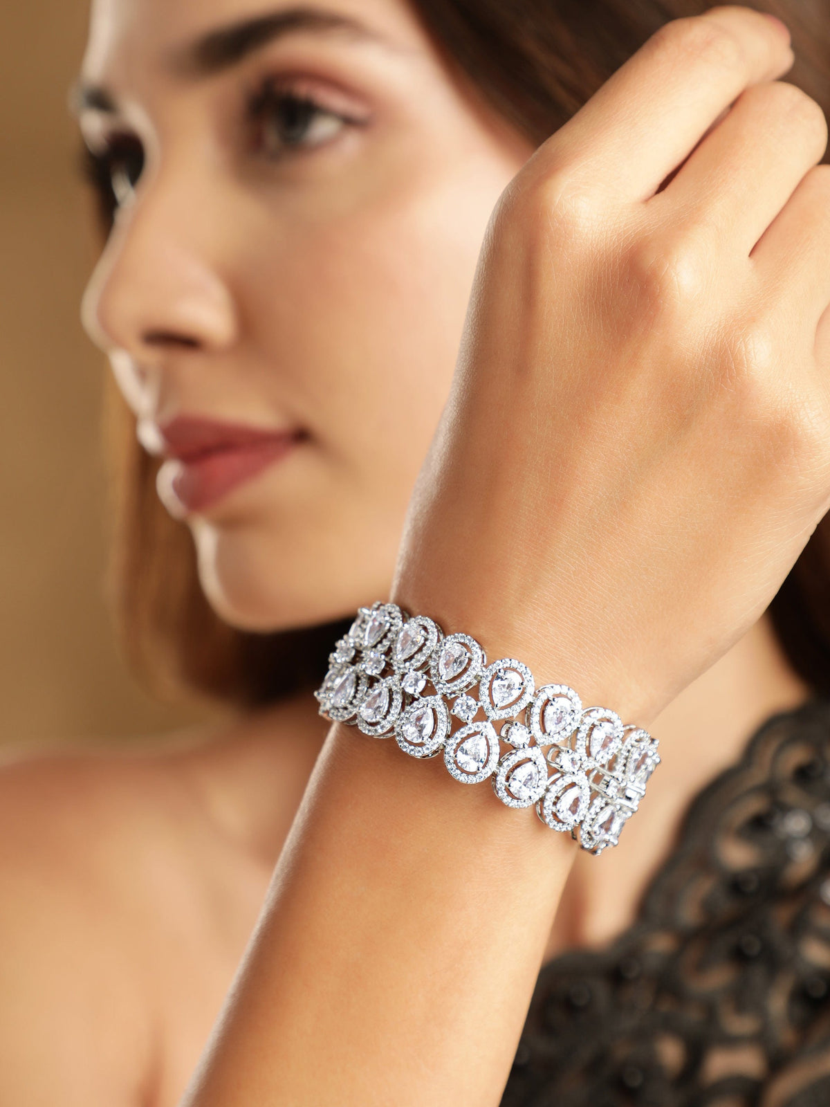 Rubans Brass Cubic Zirconia Rhodium-Plated Bangle-Style Bracelet Silver