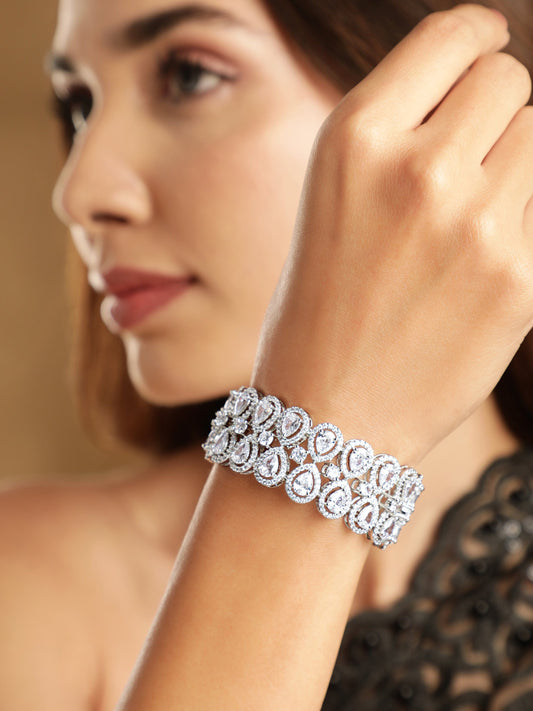 Rubans Brass Cubic Zirconia Rhodium-Plated Bangle-Style Bracelet Silver