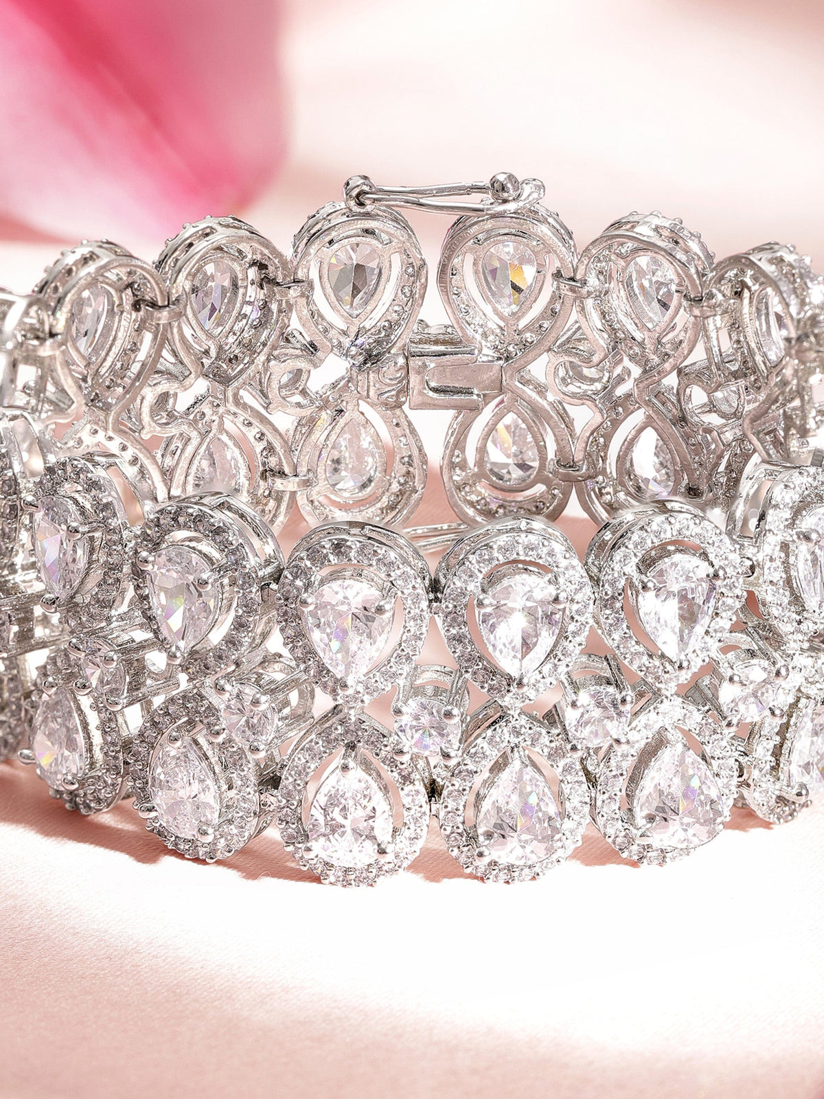 Rubans Brass Cubic Zirconia Rhodium-Plated Bangle-Style Bracelet Silver