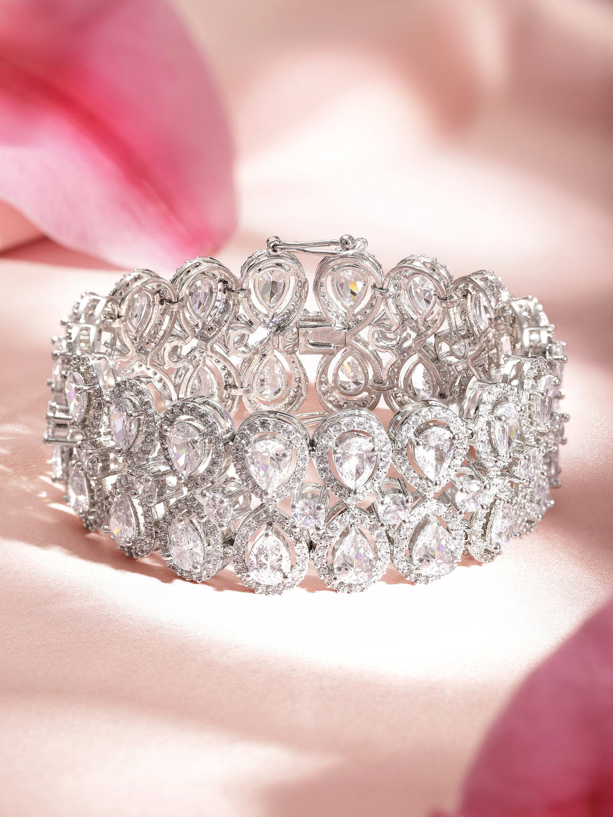Rubans Brass Cubic Zirconia Rhodium-Plated Bangle-Style Bracelet Silver