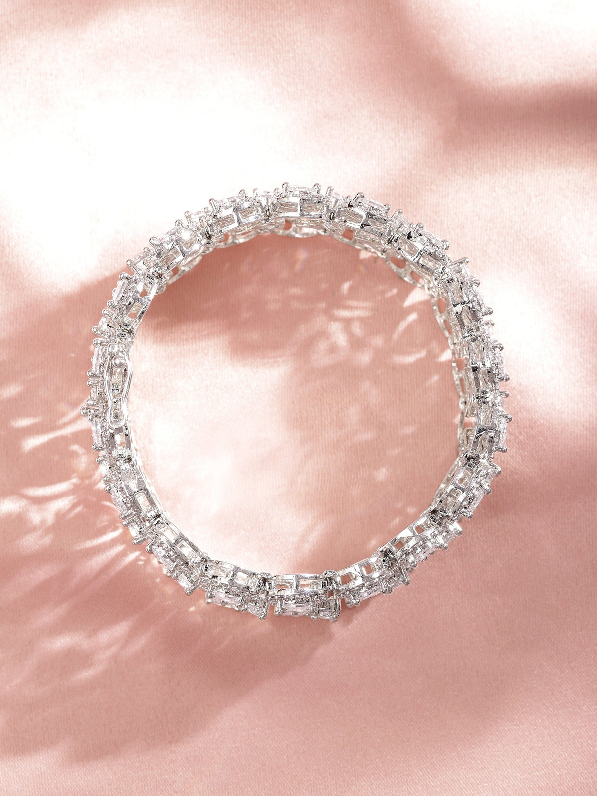 Rubans Brass Cubic Zirconia Rhodium-Plated Bangle-Style Bracelet Silver