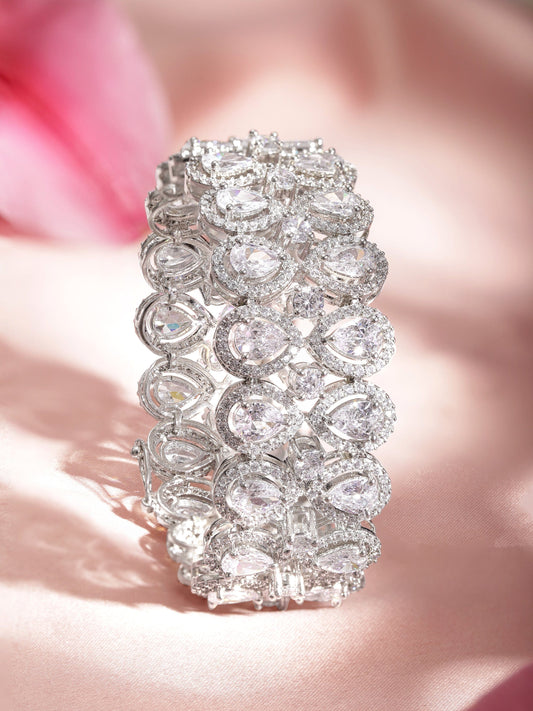 Rubans Brass Cubic Zirconia Rhodium-Plated Bangle-Style Bracelet Silver