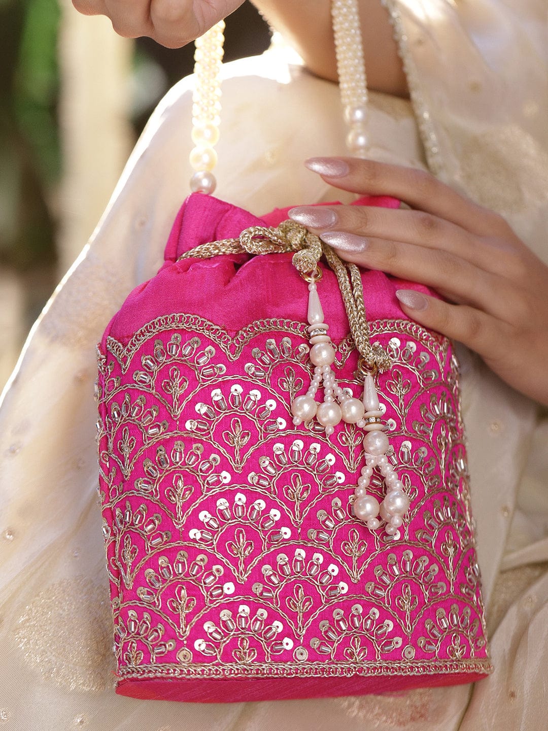 Rubans Bright Pink Potli Bag with Golden Zari Embroidery, Sequin Detailing & Pearl Beaded Handle フリーサイズ