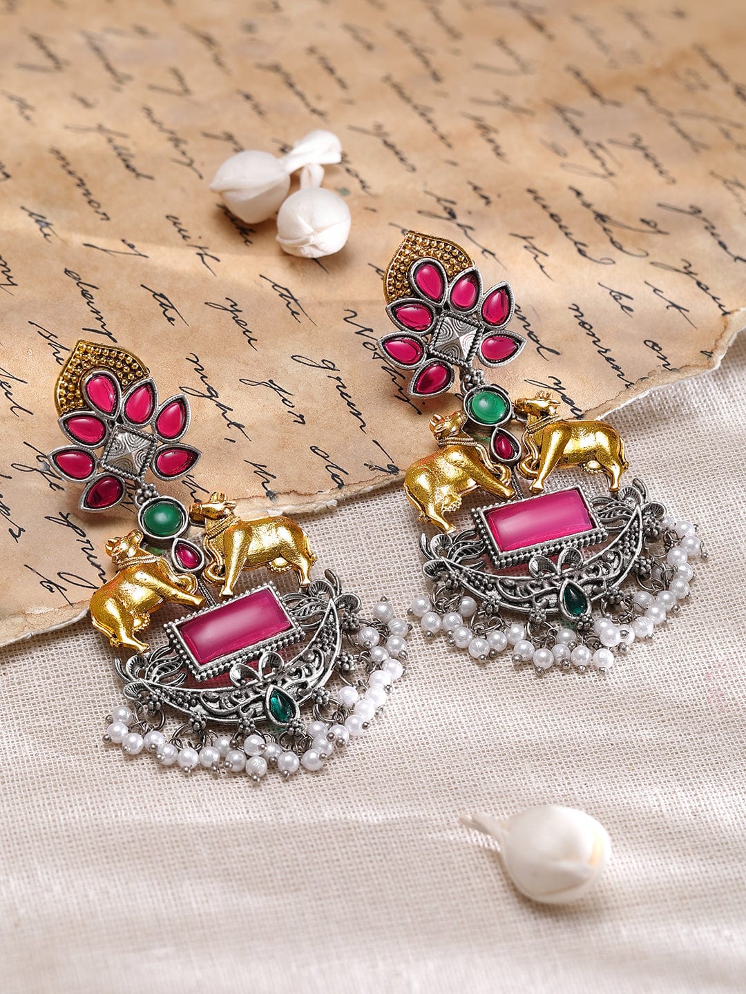 Designer Edge Cow Motif Multicolour Earrings Gold