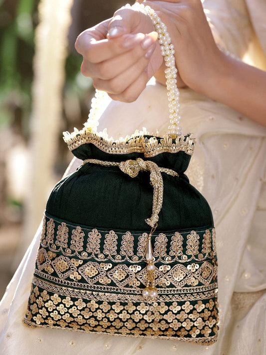 Rubans Dark Green & Gold Embroidered Potli Bag with Pearl Handle & Beaded Tassel Detailing フリーサイズ