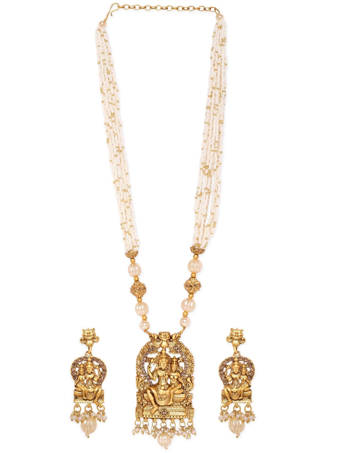 Godess Laxmi Pearl Beaded Temple Necklace Set Gold::White