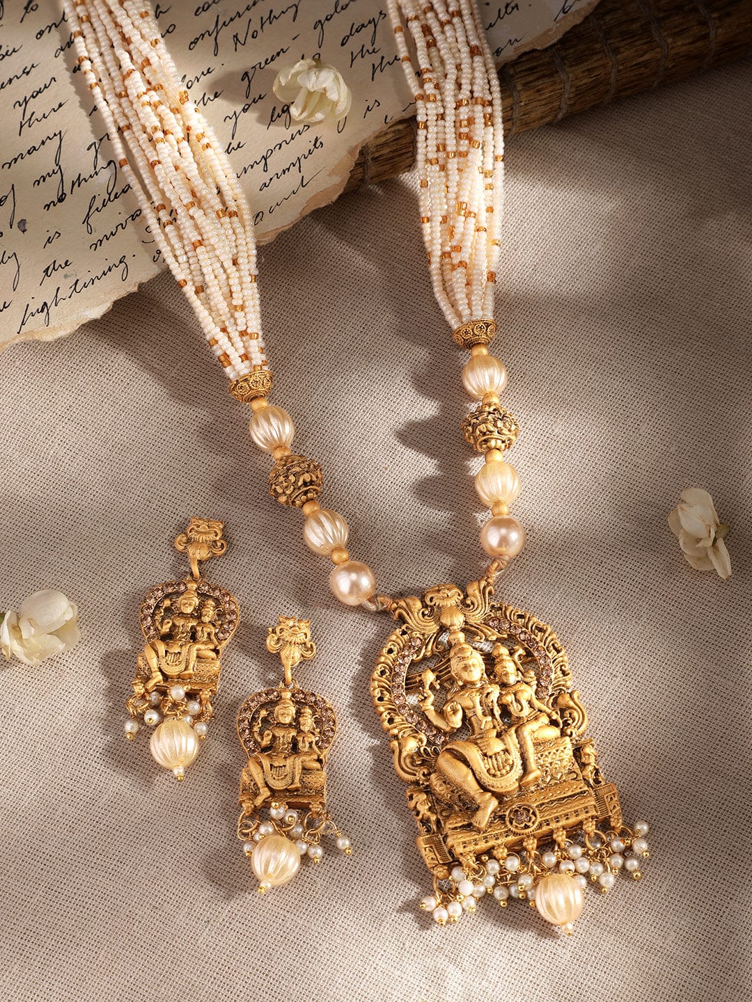 Godess Laxmi Pearl Beaded Temple Necklace Set Gold::White