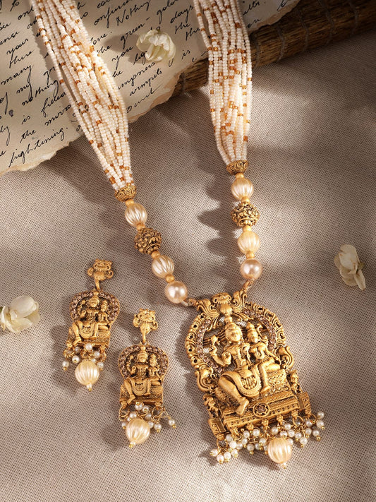Godess Laxmi Pearl Beaded Temple Necklace Set Gold::White