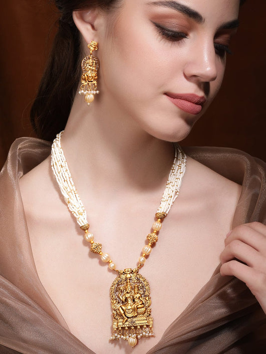 Godess Laxmi Pearl Beaded Temple Necklace Set Gold::White
