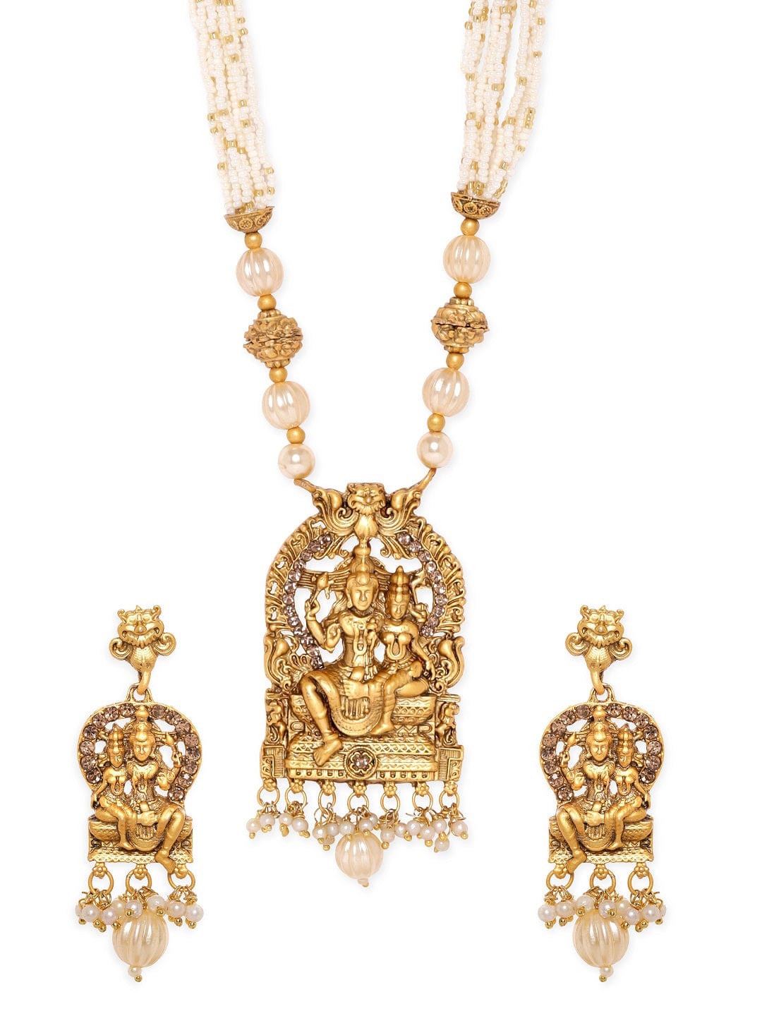 Godess Laxmi Pearl Beaded Temple Necklace Set Gold::White