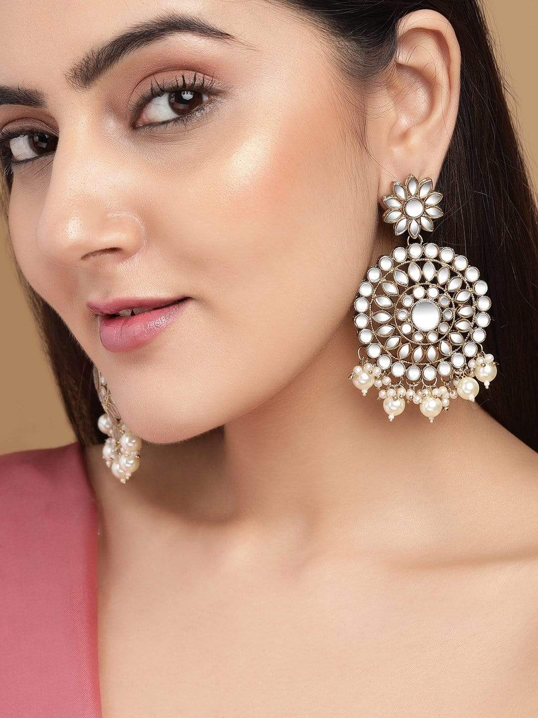 Rubans Mirror Chanbali Earrings with Pearls Gold