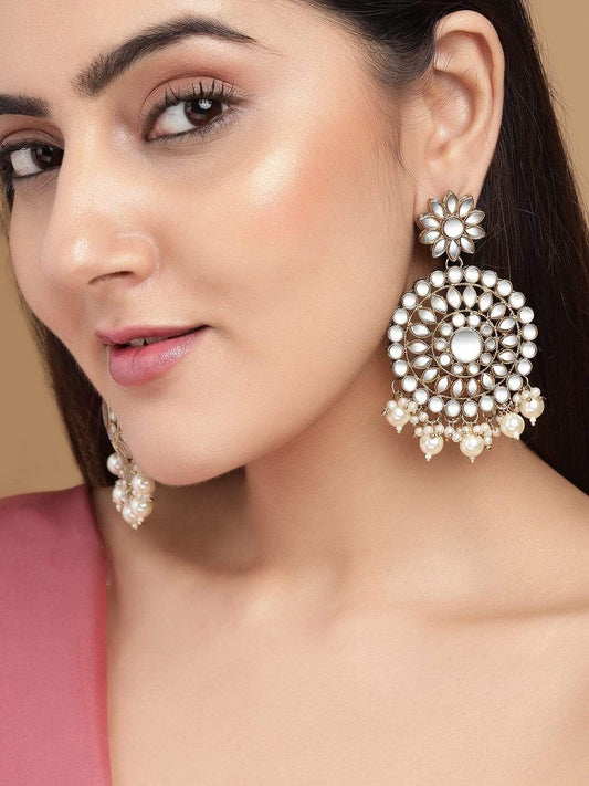 Rubans Mirror Chanbali Earrings with Pearls Gold