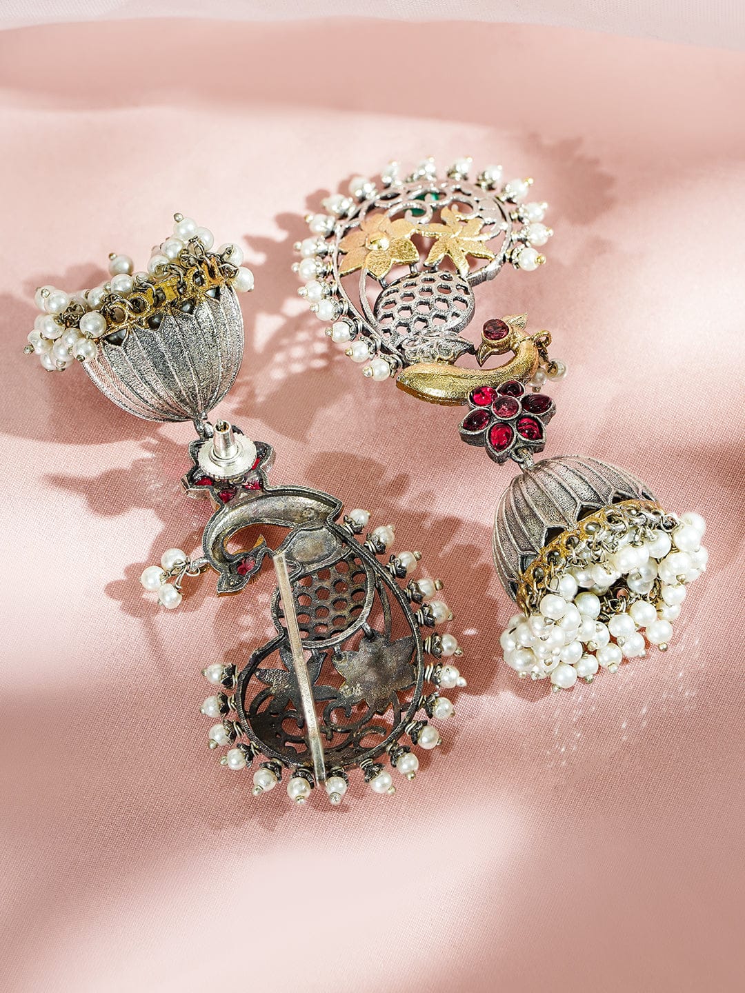 Peacock Motif Pink Pearl Two-Toned Jhumkas フリーサイズ