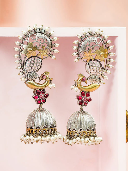 Peacock Motif Pink Pearl Two-Toned Jhumkas フリーサイズ