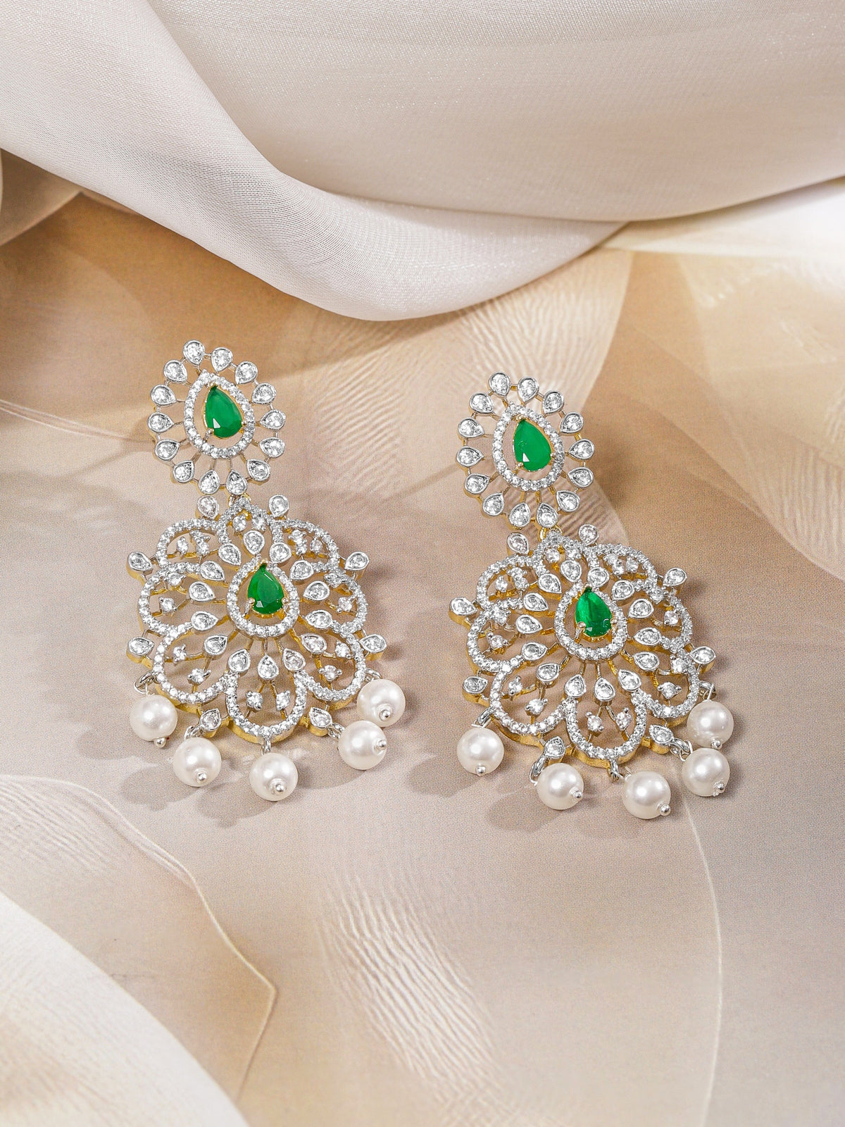 Dual-Toned American Diamond Zirconia Pearl Necklace Set フリーサイズ