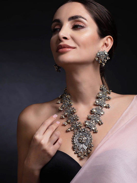 Rubans Dual Toned Necklace Set With Elegant Design And Silver Beads Silver