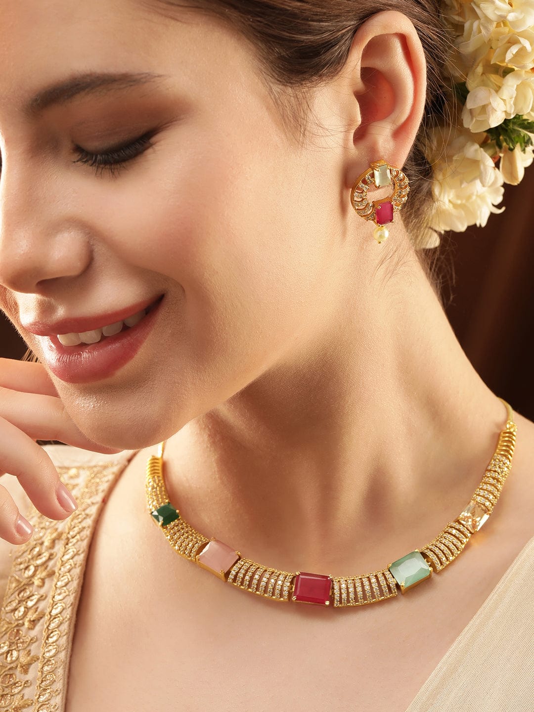 Multicolor American Diamond Zirconia Necklace Set Multi Color