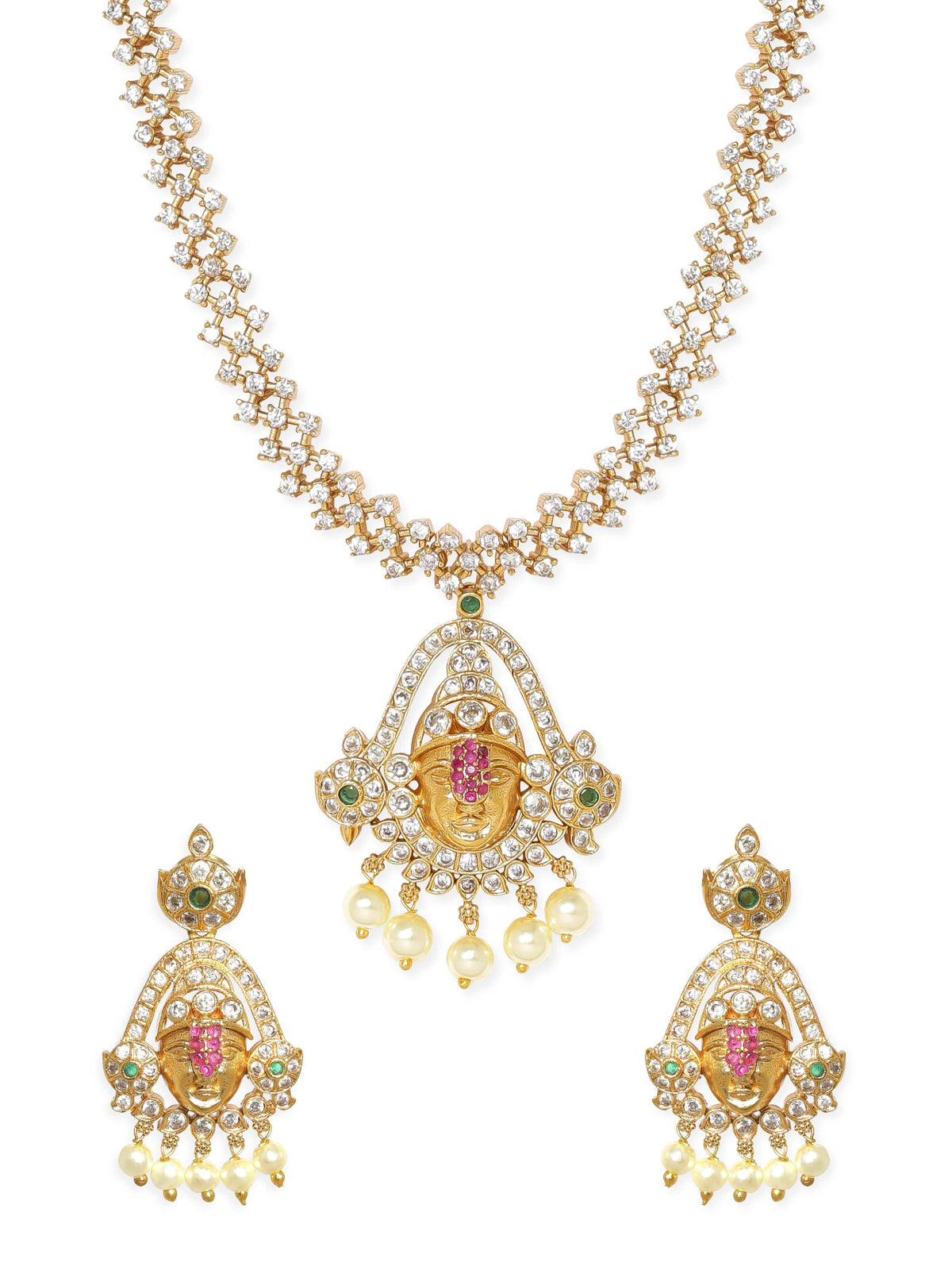 Temple Necklace Set with Pearl Drops Gold