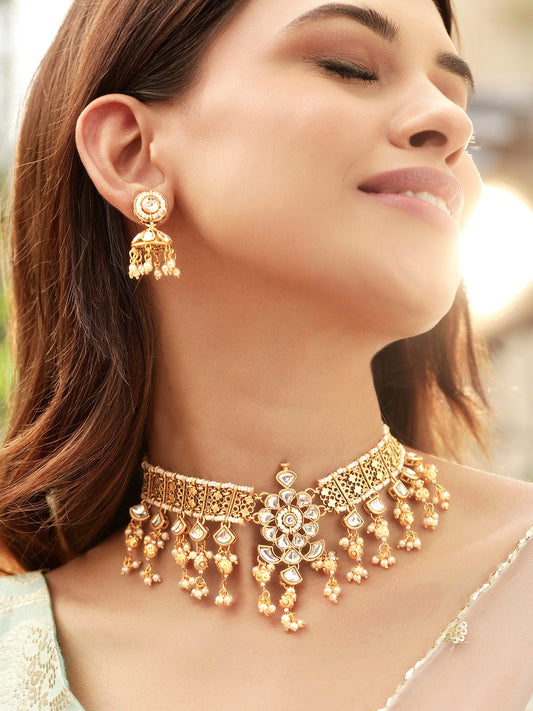 Royal Kundan Contemporary Necklace Set Gold