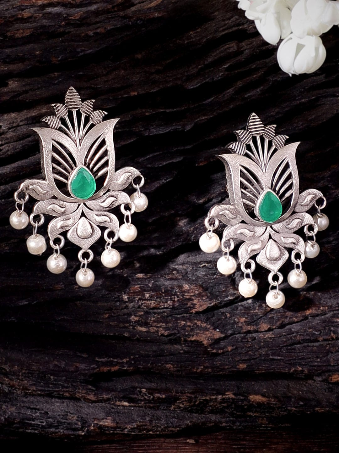 Boho Bloom Green Oxidised Earrings Silver::Green