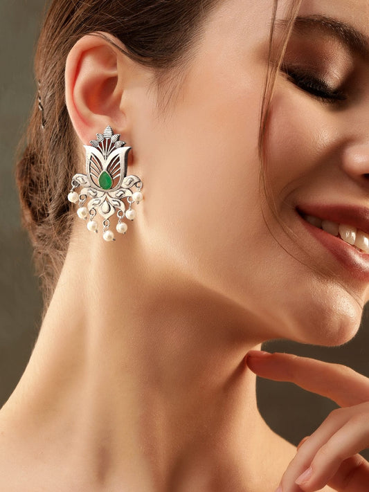 Boho Bloom Green Oxidised Earrings Silver::Green