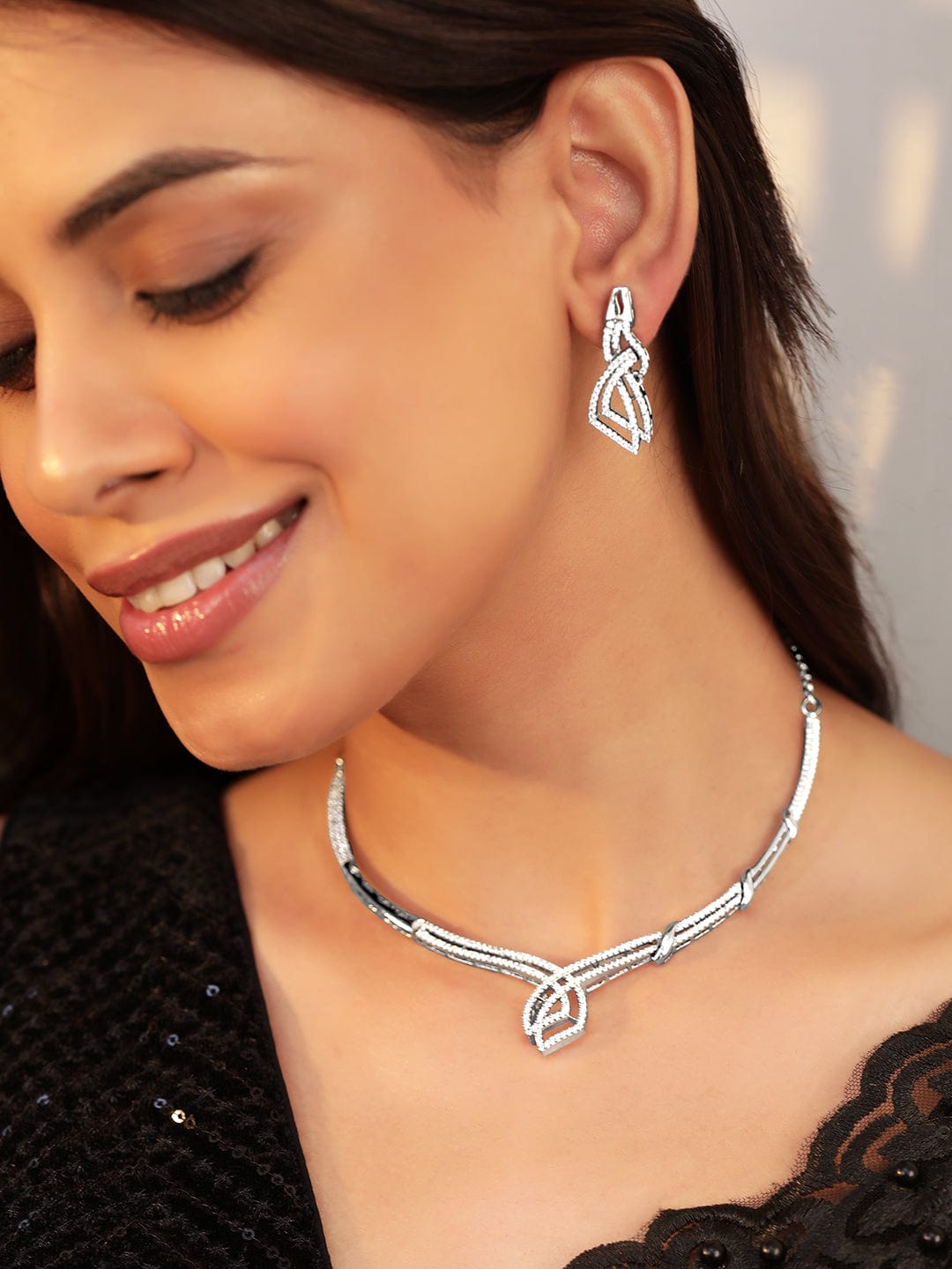 American Diamond Zirconia Necklace Set Silver