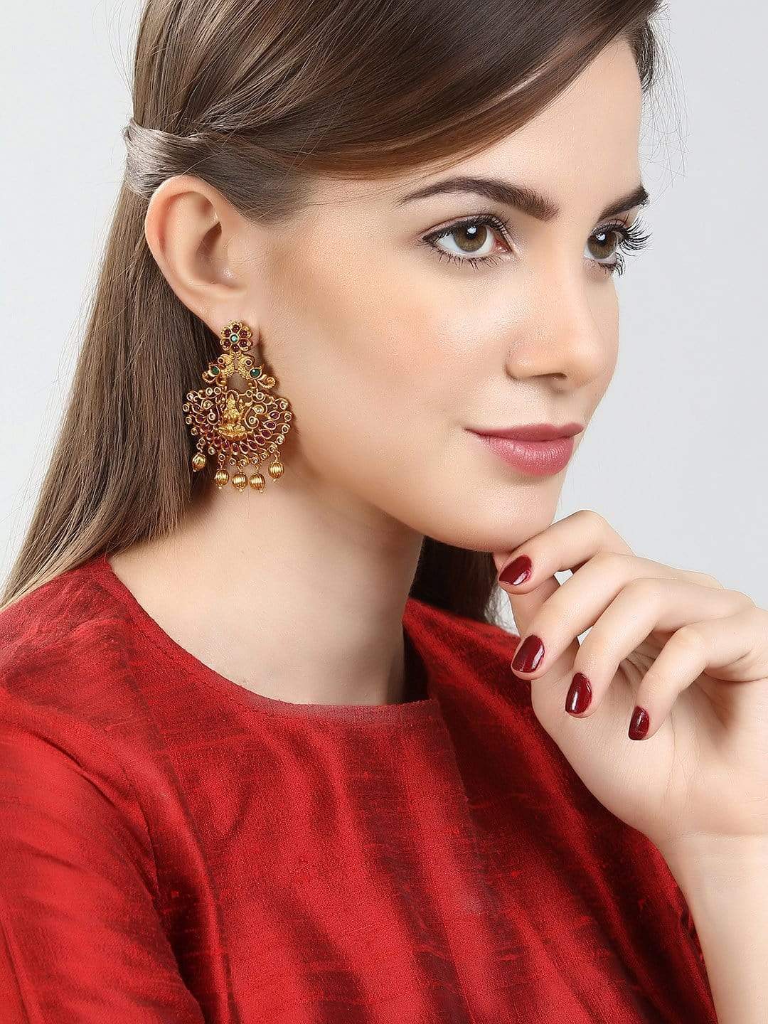 Rubans Finely Handcrafted Gold Plated CZ And Ruby Studded Chandbali Earrings Gold