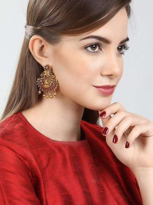 Rubans Finely Handcrafted Gold Plated CZ And Ruby Studded Chandbali Earrings Gold