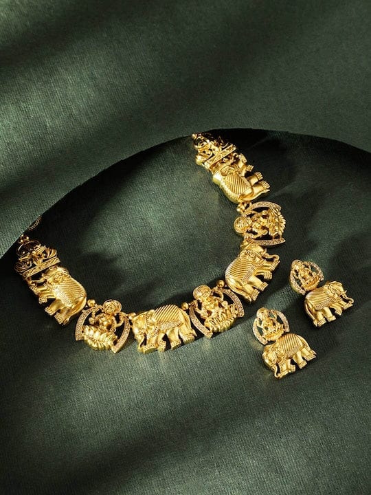 Traditional Temple Necklace Set with Elephant Motifs Gold