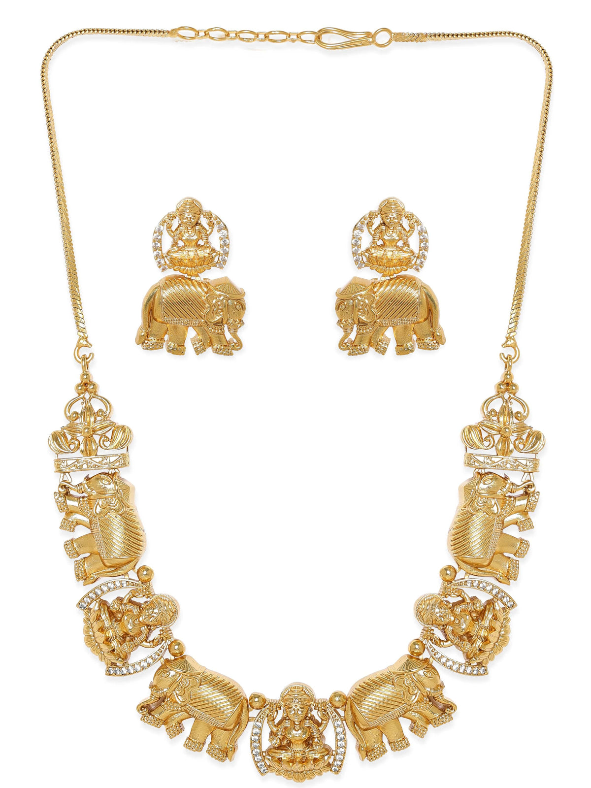 Traditional Temple Necklace Set with Elephant Motifs Gold
