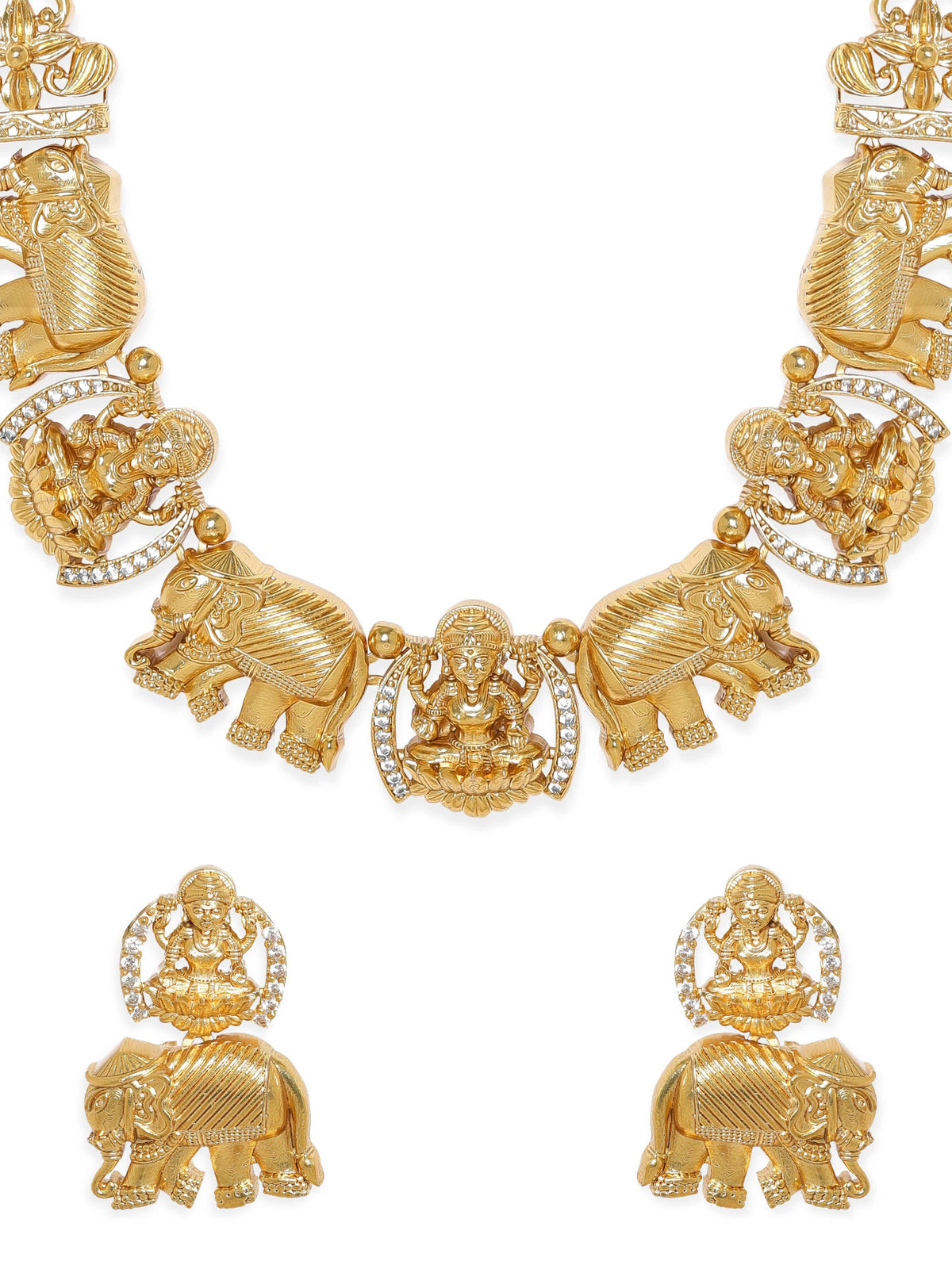 Traditional Temple Necklace Set with Elephant Motifs Gold