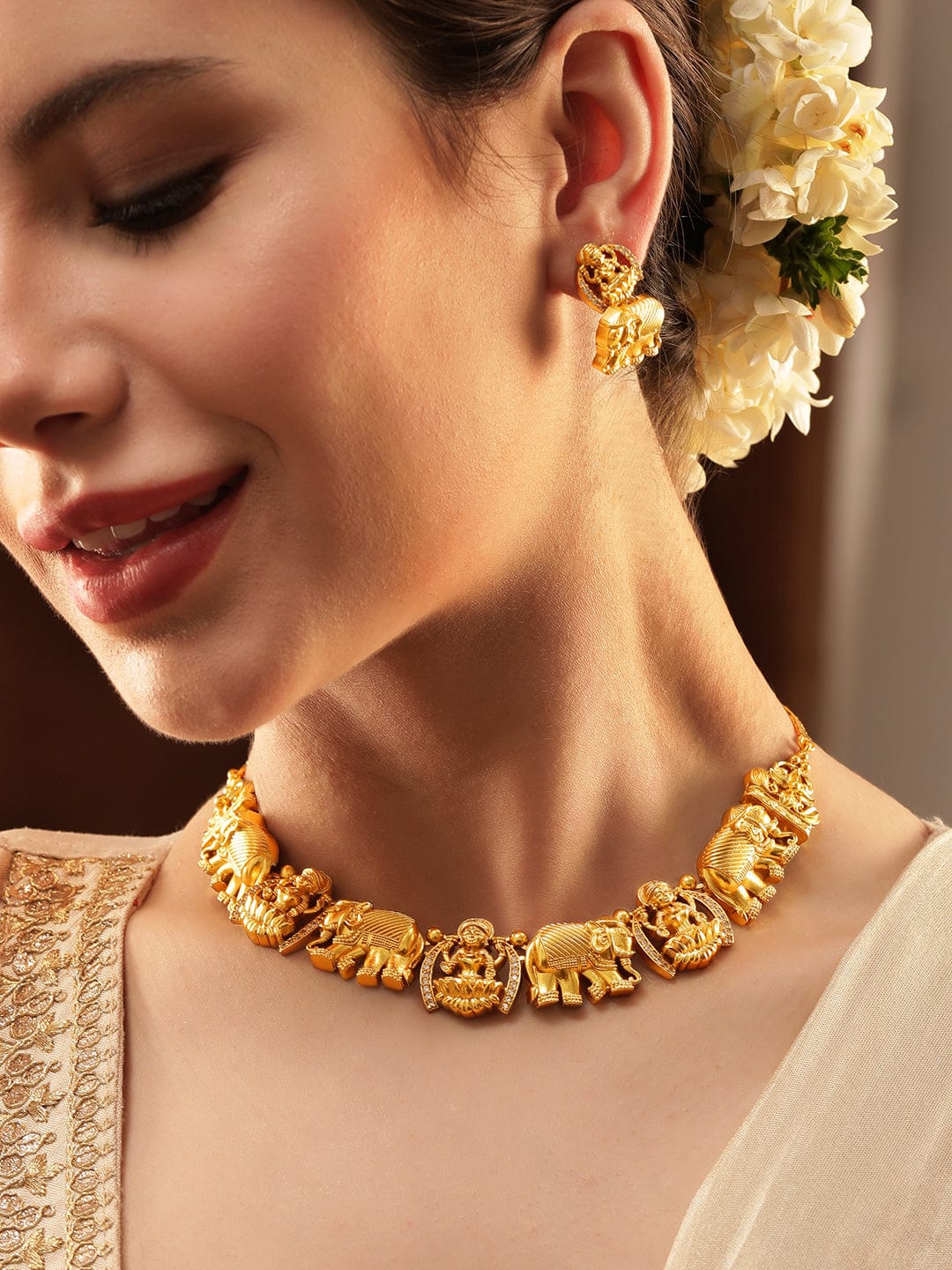 Traditional Temple Necklace Set with Elephant Motifs Gold