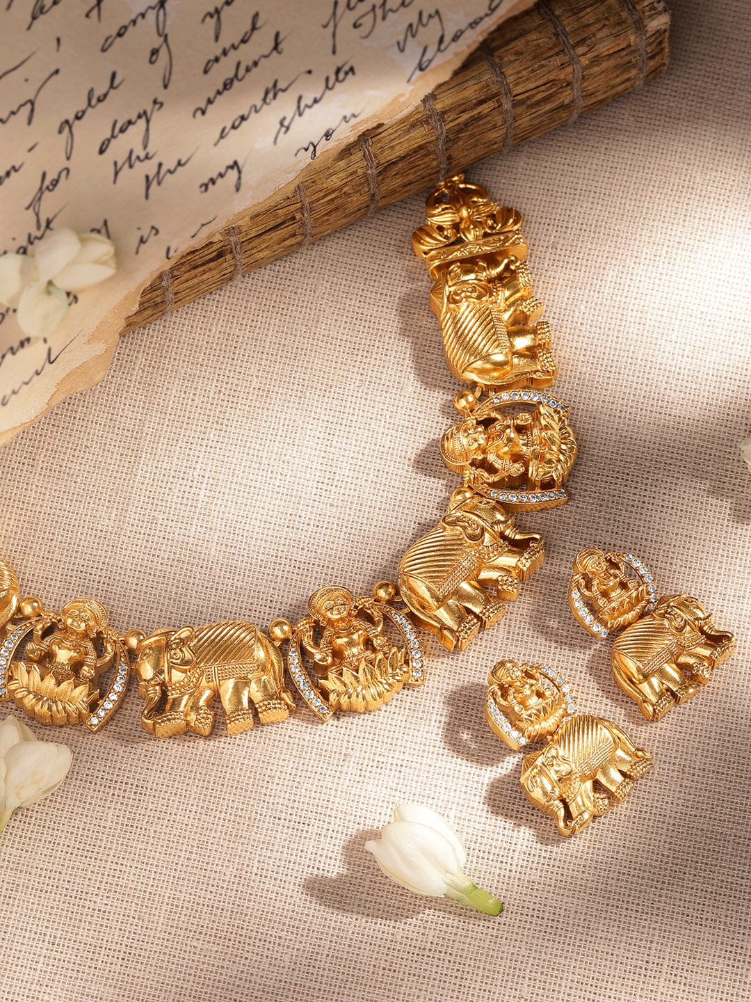 Traditional Temple Necklace Set with Elephant Motifs Gold