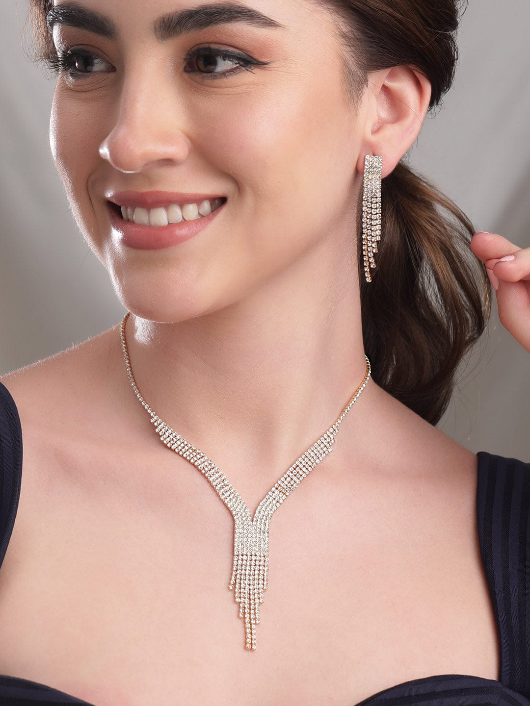 American Diamond Zirconia White Necklace Set Gold