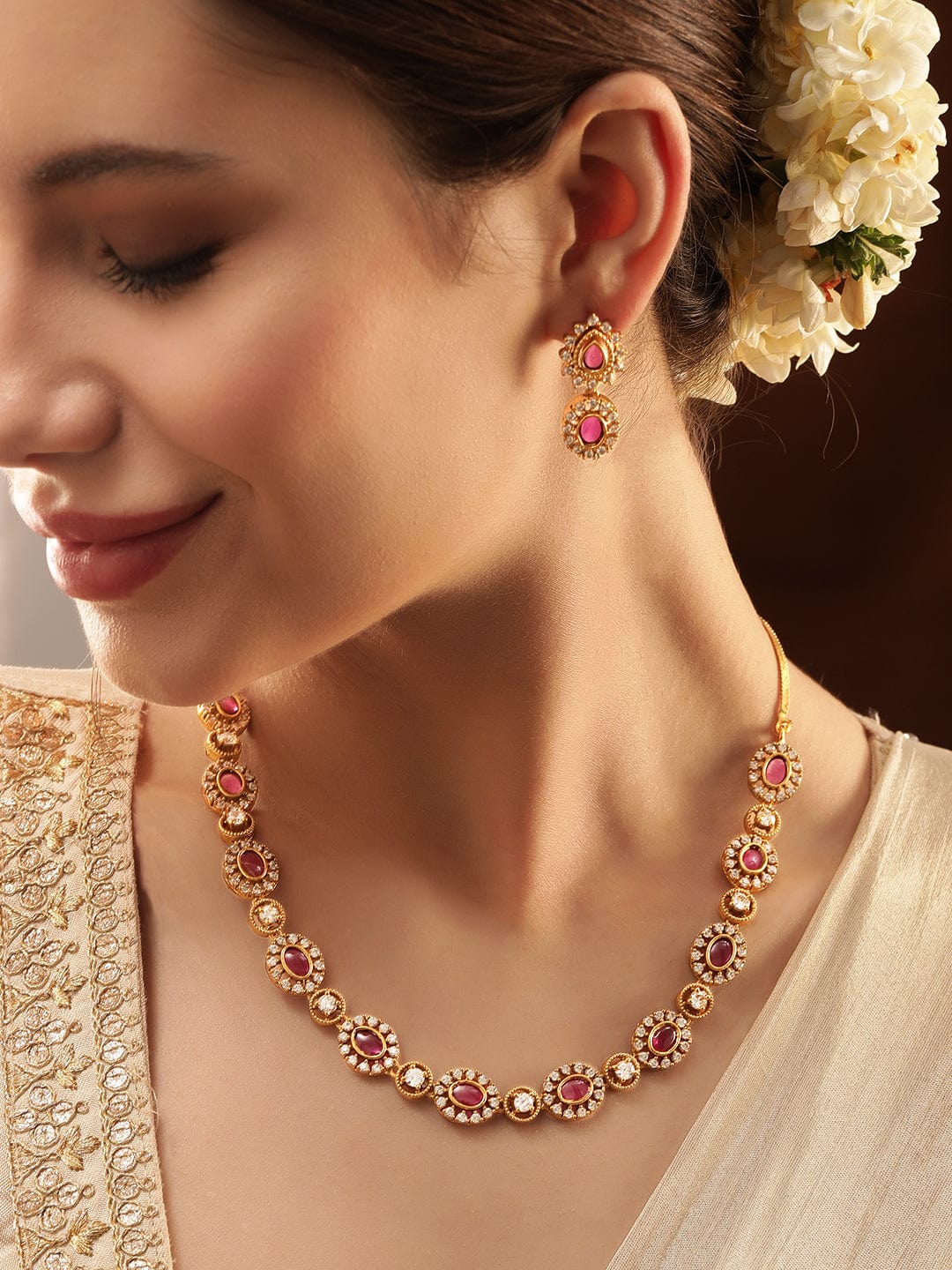 Pink American Diamond Zirconia Necklace Set Gold::Red