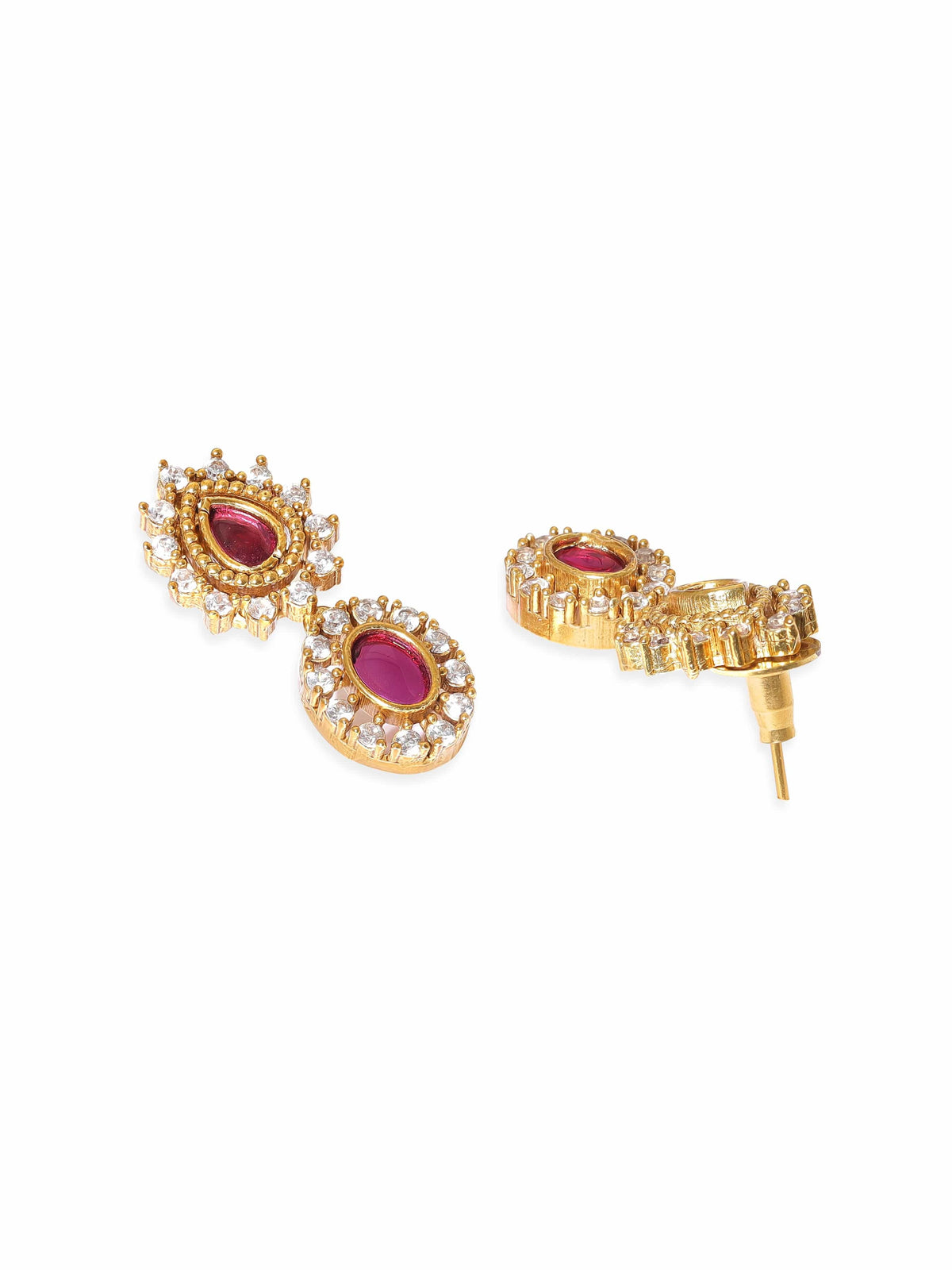Pink American Diamond Zirconia Necklace Set Gold::Red