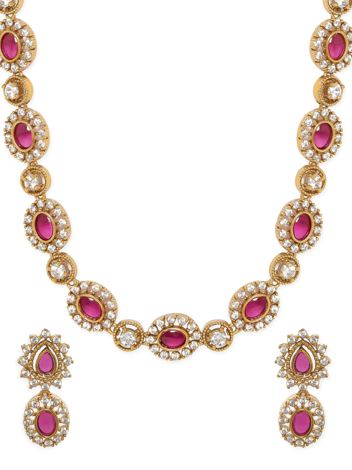 Pink American Diamond Zirconia Necklace Set Gold::Red