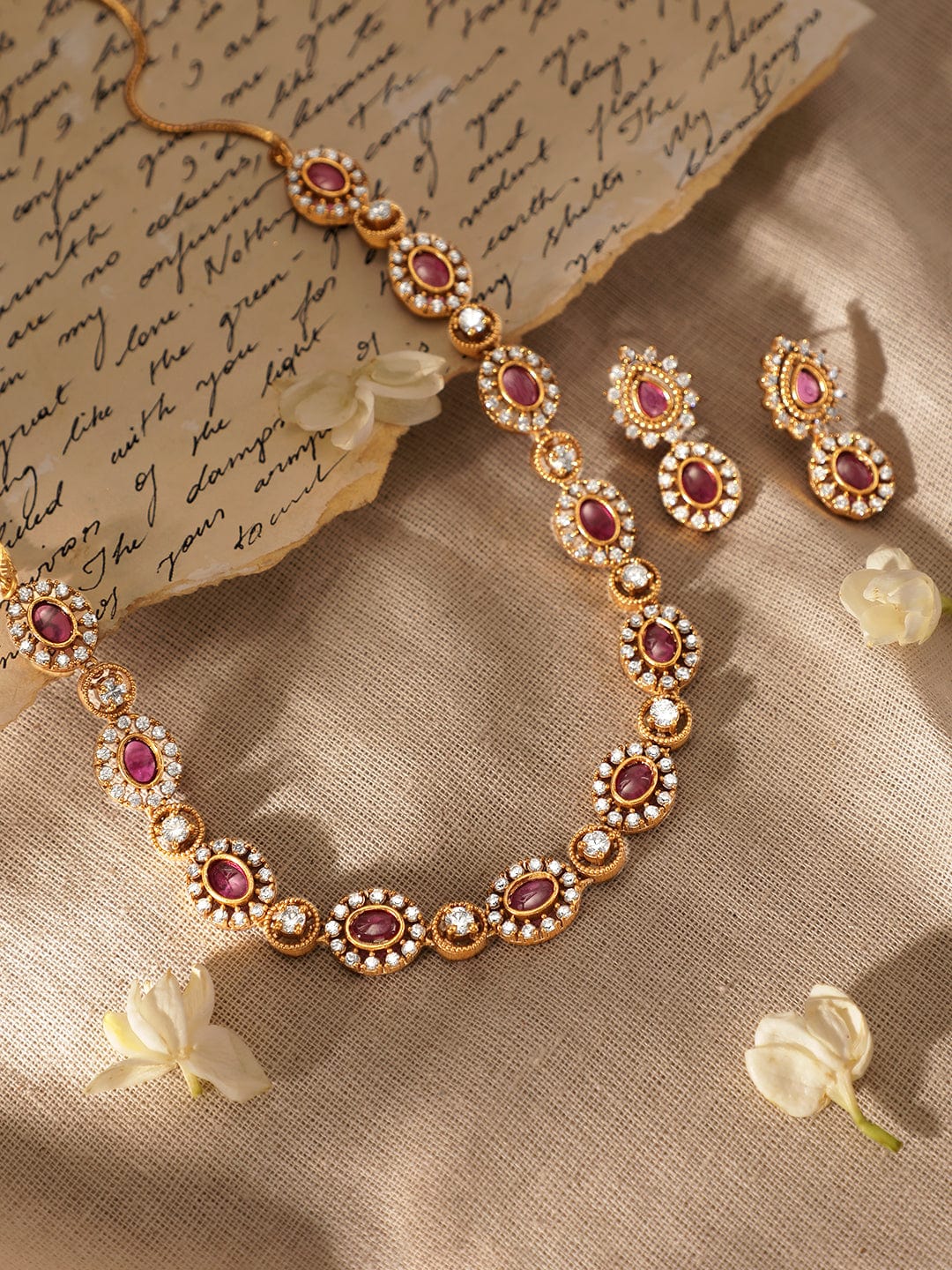 Pink American Diamond Zirconia Necklace Set Gold::Red