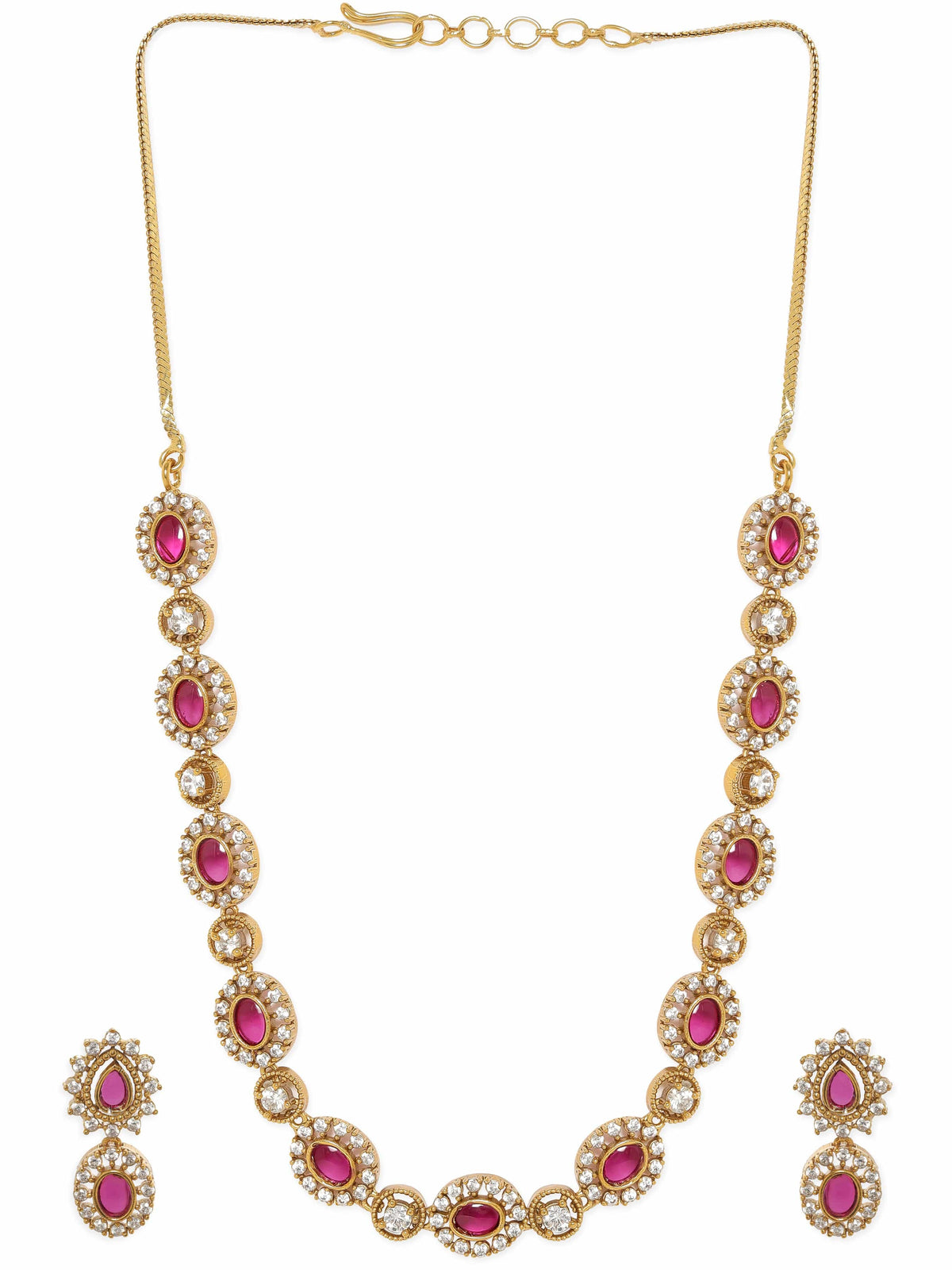Pink American Diamond Zirconia Necklace Set Gold::Red