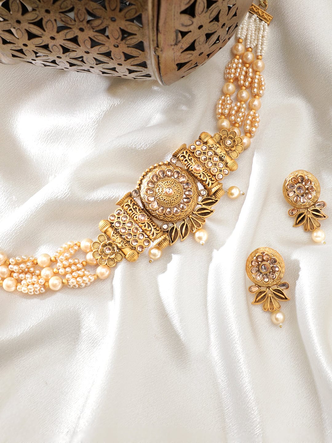 Pearl Beaded Floral Golden Choker Set Gold