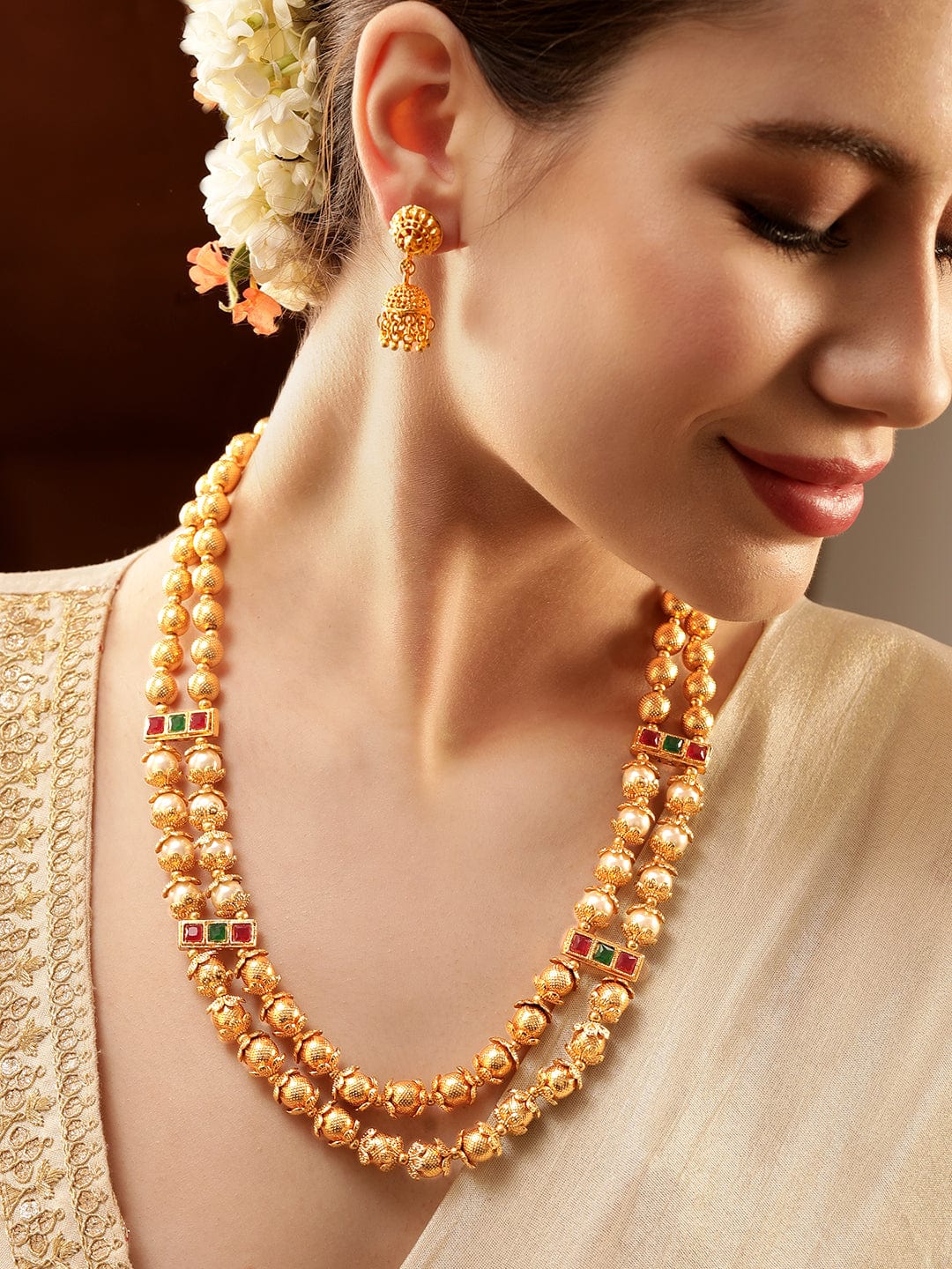 Gold Beaded Layered Necklace Set Gold