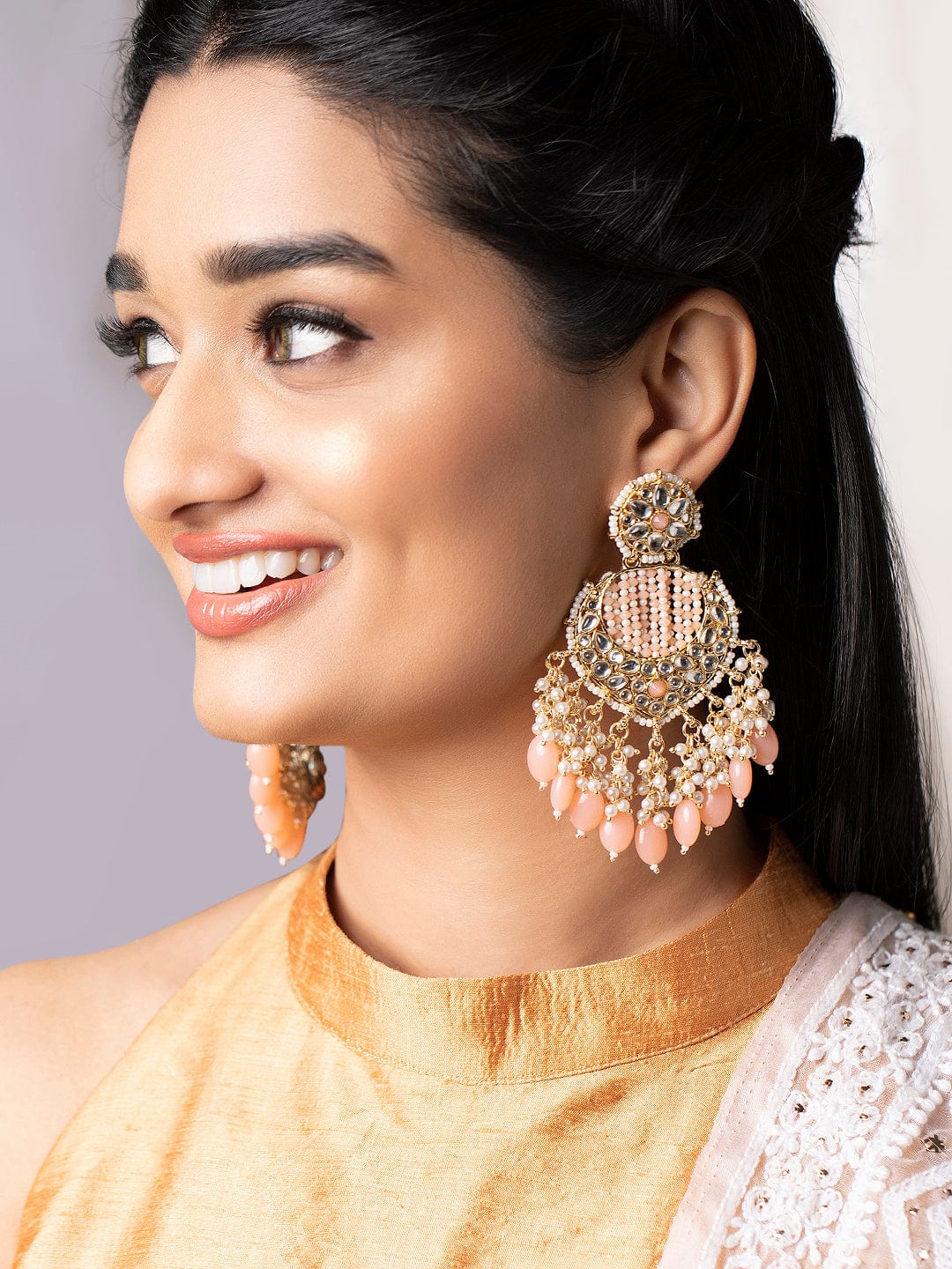 Rubans Gold Plated Chandbali Earrings With Golden And Pink Beads Gold