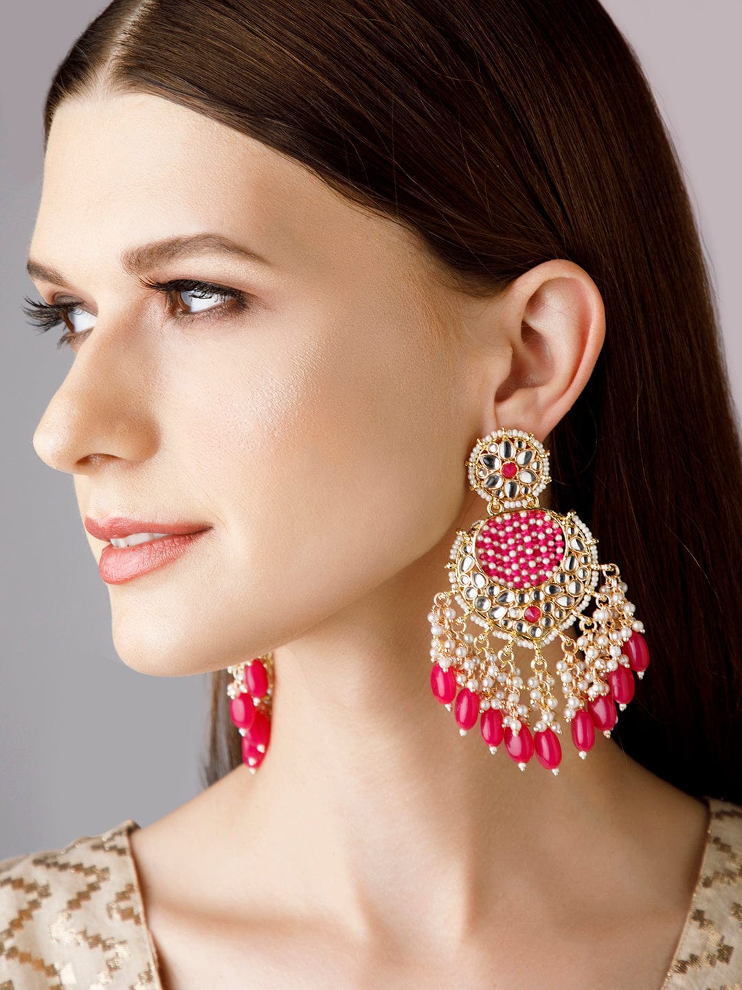 【Rubans】 Gold Plated Chandbali Earrings with Pink and White Beads｜ゴールドメッキ チャンドバリ イヤリング ピンク＆ホワイトビーズ