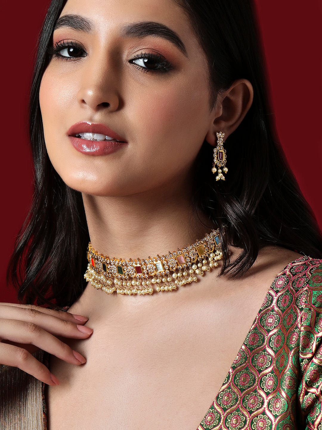 Rubans Gold Plated Choker Set With Multicolour Stones And White Beads. Multicolor