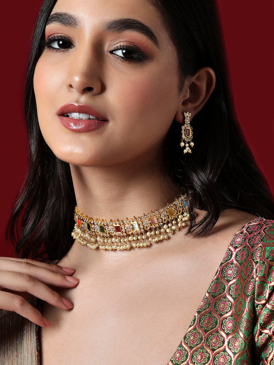 Rubans Gold Plated Choker Set With Multicolour Stones And White Beads. Multicolor