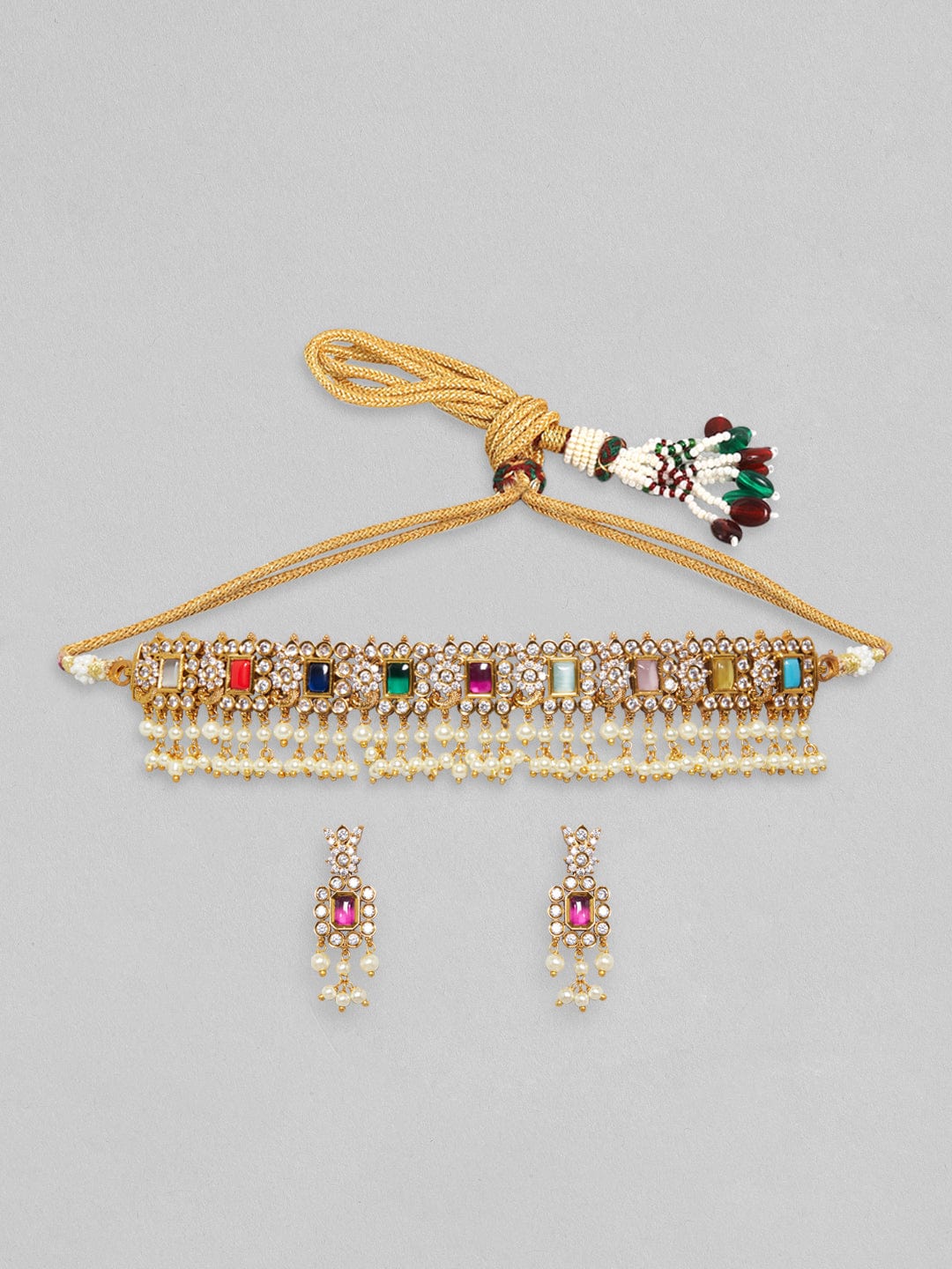 Rubans Gold Plated Choker Set With Multicolour Stones And White Beads. Multicolor