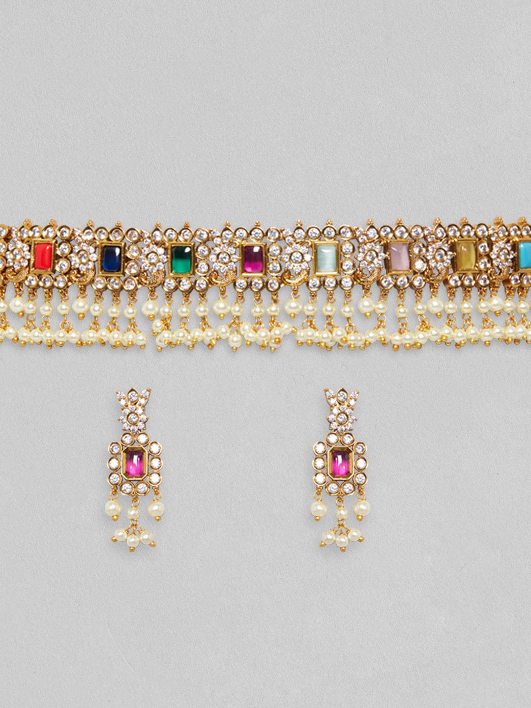 Rubans Gold Plated Choker Set With Multicolour Stones And White Beads. Multicolor